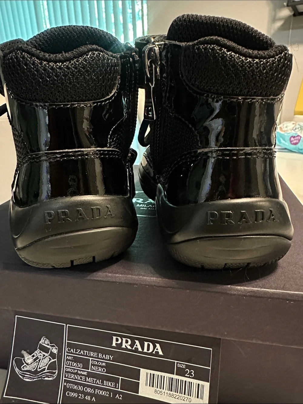 Prada Baby Black Patent Leather High-Top Sneakers